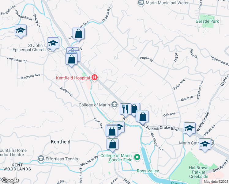 map of restaurants, bars, coffee shops, grocery stores, and more near 1036 Sir Francis Drake Boulevard in Kentfield