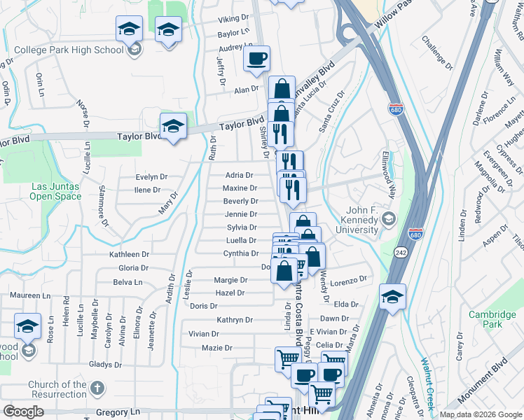 map of restaurants, bars, coffee shops, grocery stores, and more near 106 Jennie Drive in Pleasant Hill