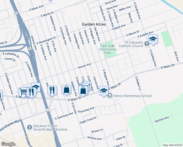 map of restaurants, bars, coffee shops, grocery stores, and more near 815 South Carroll Avenue in Stockton