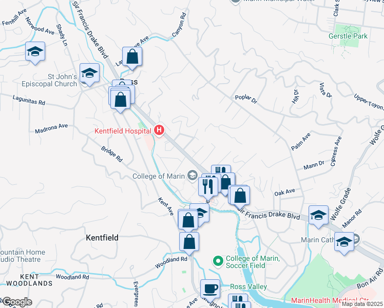 map of restaurants, bars, coffee shops, grocery stores, and more near 1036 Sir Francis Drake Boulevard in Kentfield