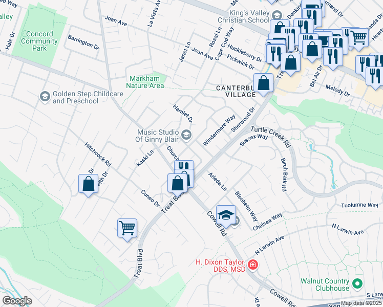 map of restaurants, bars, coffee shops, grocery stores, and more near 1235 Cheshire Court in Concord