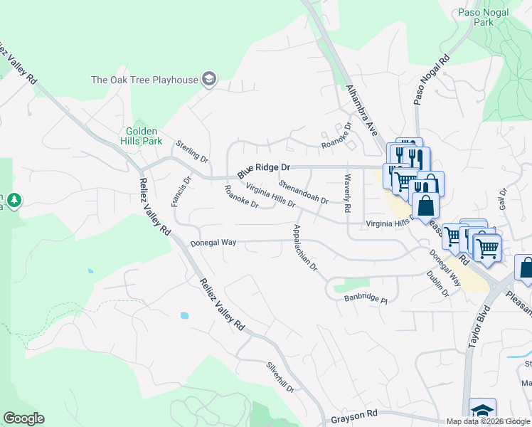 map of restaurants, bars, coffee shops, grocery stores, and more near 421 Roanoke Drive in Martinez