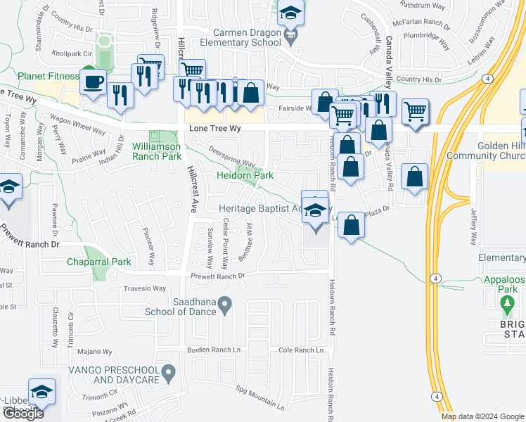 map of restaurants, bars, coffee shops, grocery stores, and more near 5412 Summerfield Drive in Antioch