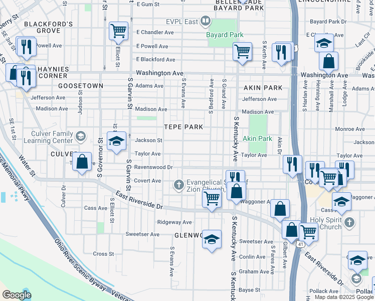 map of restaurants, bars, coffee shops, grocery stores, and more near 806 Taylor Ave in Evansville