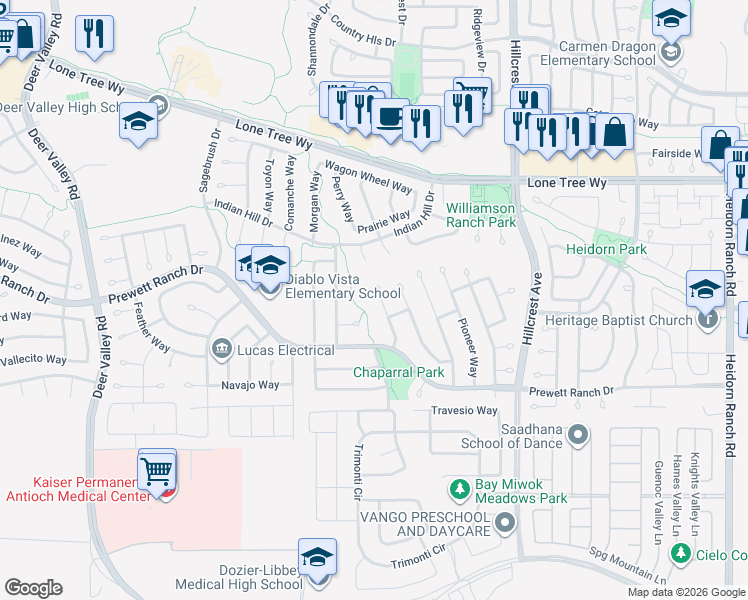 map of restaurants, bars, coffee shops, grocery stores, and more near 5116 Hereford Court in Antioch