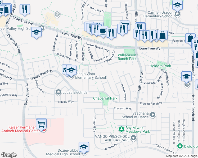 map of restaurants, bars, coffee shops, grocery stores, and more near 5116 Hereford Court in Antioch