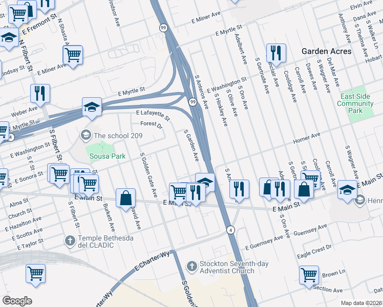 map of restaurants, bars, coffee shops, grocery stores, and more near 504 South Broadway Avenue in Stockton