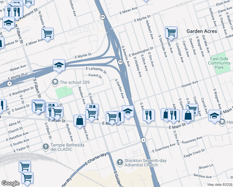 map of restaurants, bars, coffee shops, grocery stores, and more near 504 South Broadway Avenue in Stockton
