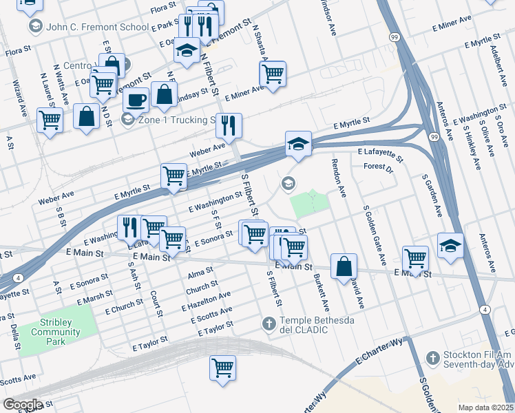 map of restaurants, bars, coffee shops, grocery stores, and more near 312 South Filbert Street in Stockton