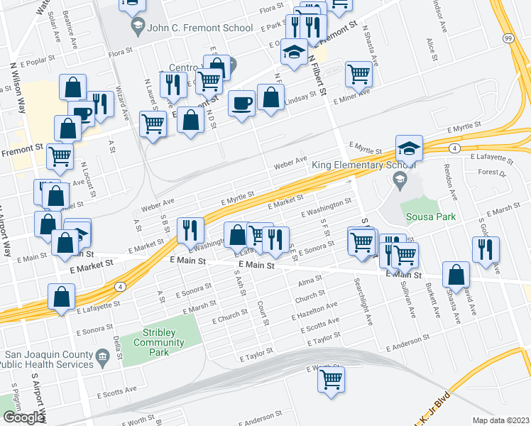 map of restaurants, bars, coffee shops, grocery stores, and more near 2271 Washington Street in Stockton