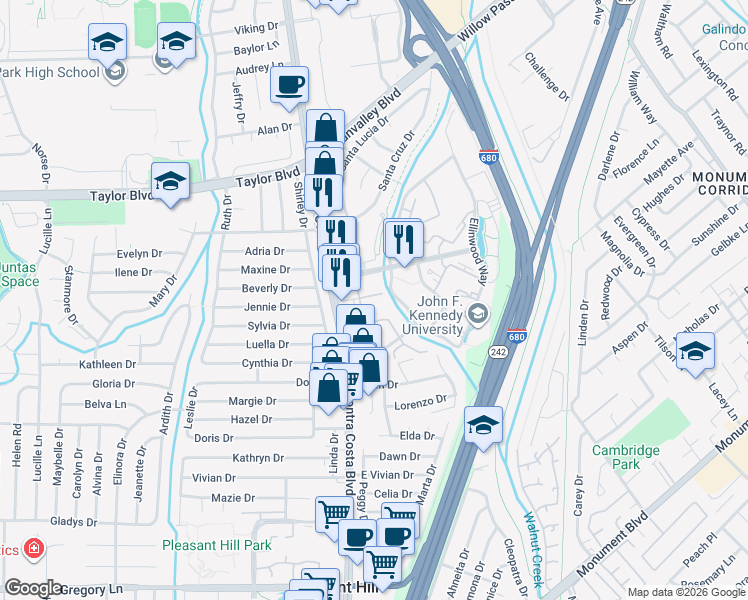 map of restaurants, bars, coffee shops, grocery stores, and more near 1400 Contra Costa Boulevard in Pleasant Hill