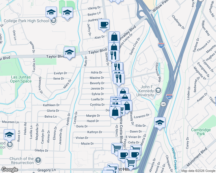 map of restaurants, bars, coffee shops, grocery stores, and more near 106 Jennie Drive in Pleasant Hill