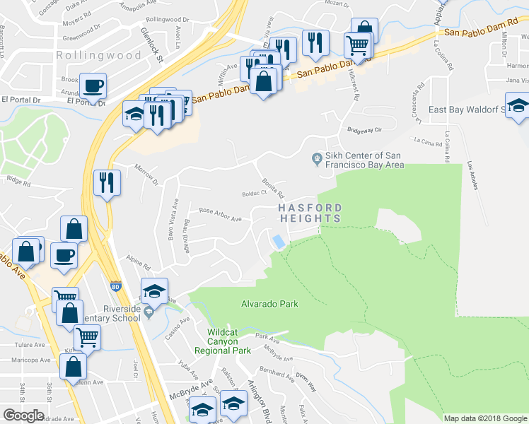 map of restaurants, bars, coffee shops, grocery stores, and more near 6210 Bayview Avenue in San Pablo