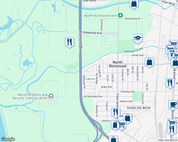 map of restaurants, bars, coffee shops, grocery stores, and more near 136 Spears Circle in Richmond
