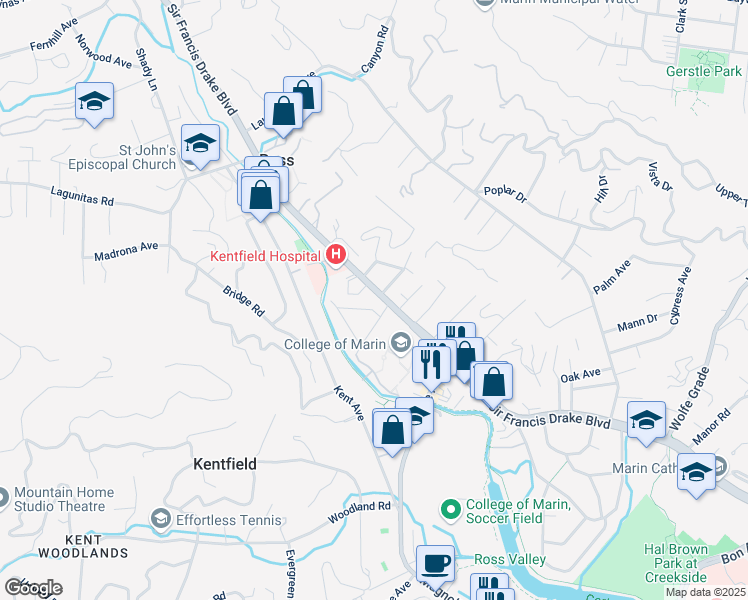 map of restaurants, bars, coffee shops, grocery stores, and more near 14 Locust Avenue in Kentfield