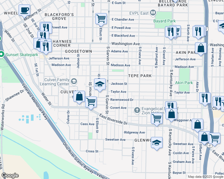 map of restaurants, bars, coffee shops, grocery stores, and more near 610 Taylor Avenue in Evansville