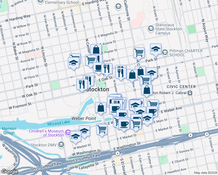map of restaurants, bars, coffee shops, grocery stores, and more near in Stockton