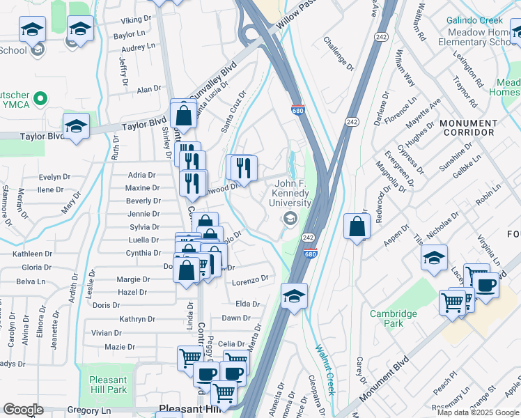 map of restaurants, bars, coffee shops, grocery stores, and more near 154 Morningside Way in Pleasant Hill