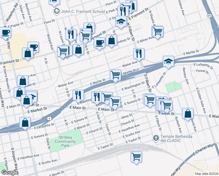 map of restaurants, bars, coffee shops, grocery stores, and more near 2271 Washington Street in Stockton