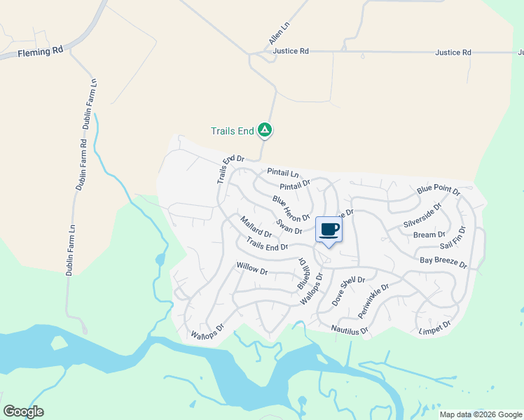 map of restaurants, bars, coffee shops, grocery stores, and more near Swan Drive in Horntown