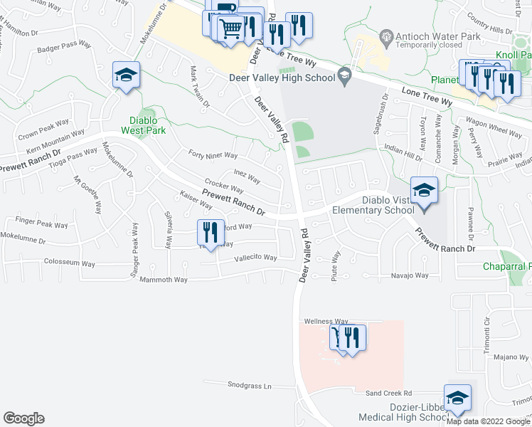 map of restaurants, bars, coffee shops, grocery stores, and more near Prewett Ranch Drive in Antioch
