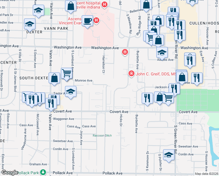 map of restaurants, bars, coffee shops, grocery stores, and more near 3911 Jackson Avenue in Evansville