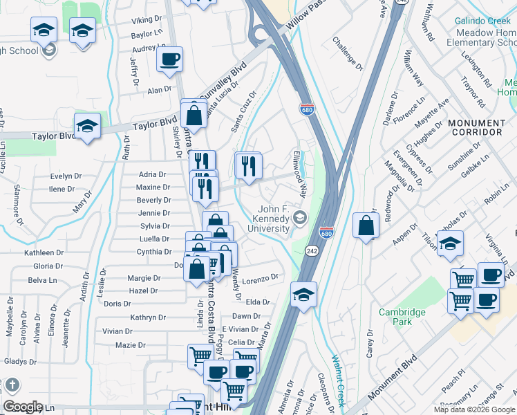 map of restaurants, bars, coffee shops, grocery stores, and more near 400 Longbrook Way in Pleasant Hill