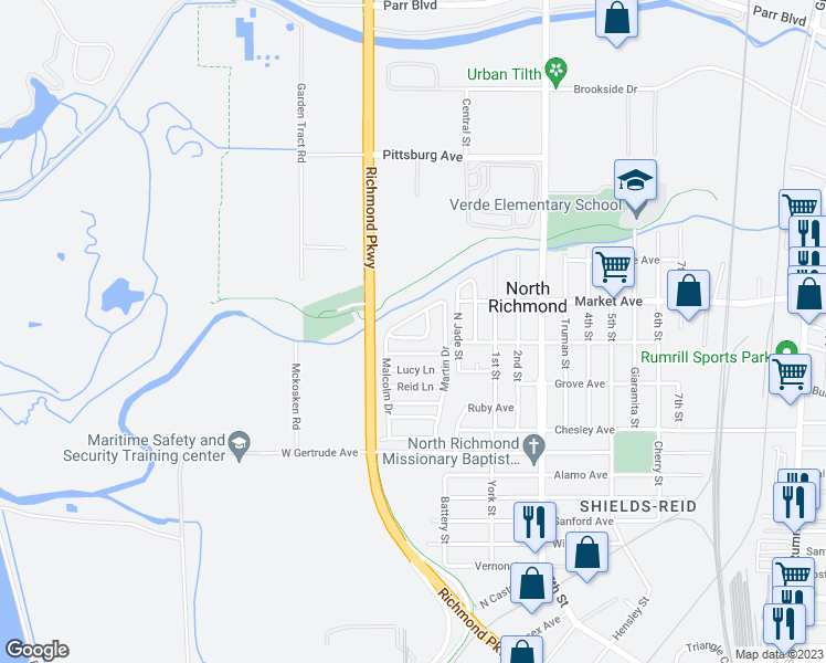 map of restaurants, bars, coffee shops, grocery stores, and more near 147 Spears Circle in Richmond