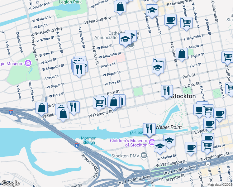 map of restaurants, bars, coffee shops, grocery stores, and more near 640 West Park Street in Stockton