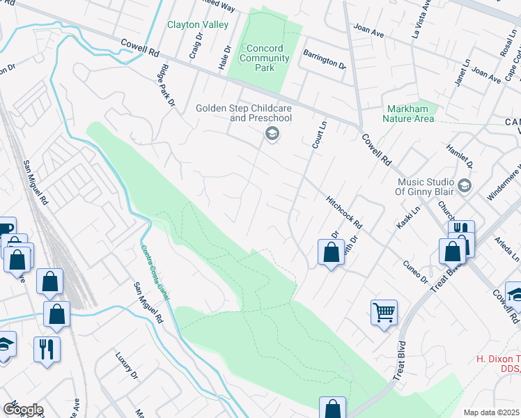 map of restaurants, bars, coffee shops, grocery stores, and more near 3739 Northridge Drive in Concord