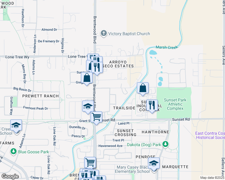 map of restaurants, bars, coffee shops, grocery stores, and more near 102 Hanson Lane in Brentwood