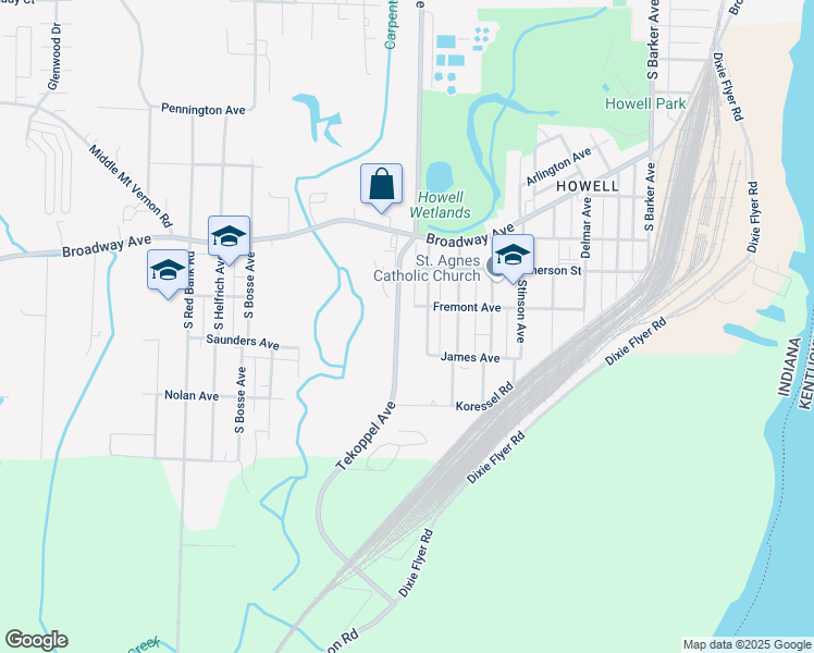 map of restaurants, bars, coffee shops, grocery stores, and more near 1703 S Tekoppel Ave in Evansville