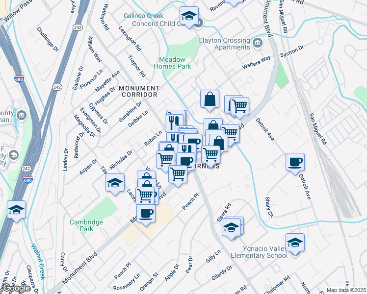 map of restaurants, bars, coffee shops, grocery stores, and more near 1130 Meadow Lane in Concord
