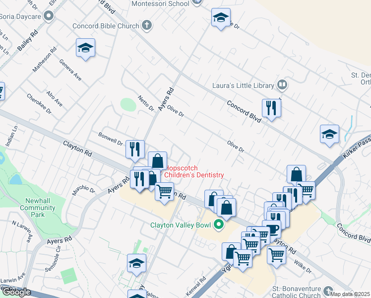 map of restaurants, bars, coffee shops, grocery stores, and more near 1596 American Beauty Drive in Concord