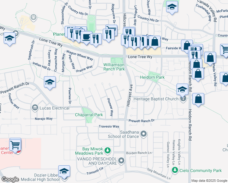 map of restaurants, bars, coffee shops, grocery stores, and more near 5109 Equestrian Way in Antioch