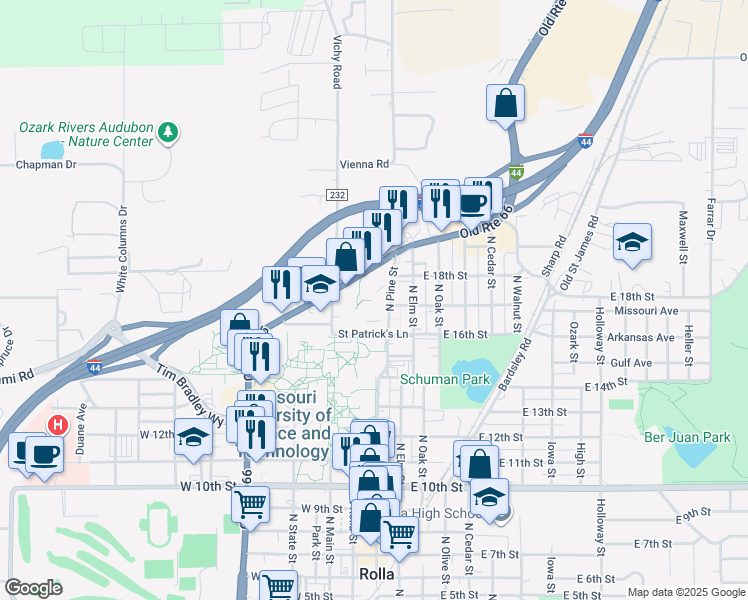 map of restaurants, bars, coffee shops, grocery stores, and more near 1607 North Pine Street in Rolla