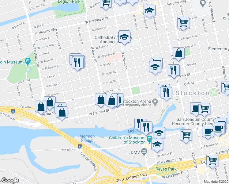 map of restaurants, bars, coffee shops, grocery stores, and more near 628 North Edison Street in Stockton