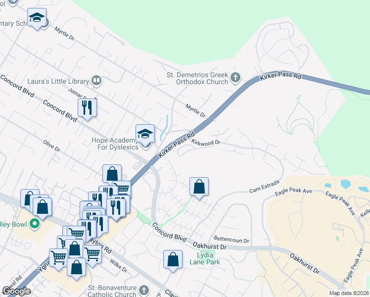 map of restaurants, bars, coffee shops, grocery stores, and more near 5450 Kirkwood Drive in Concord
