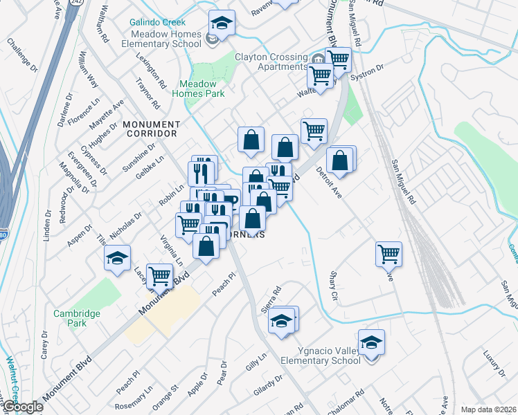 map of restaurants, bars, coffee shops, grocery stores, and more near 2080 Monument Blvd in Concord