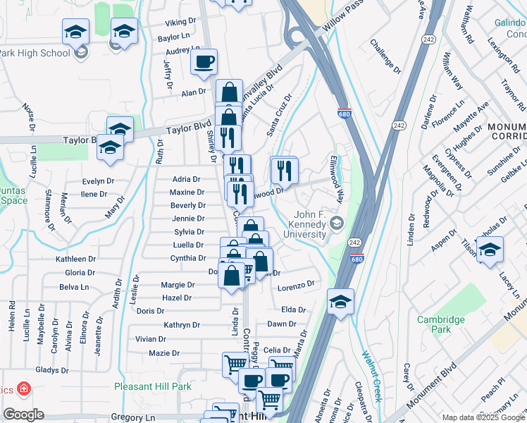 map of restaurants, bars, coffee shops, grocery stores, and more near 1400 Contra Costa Boulevard in Pleasant Hill