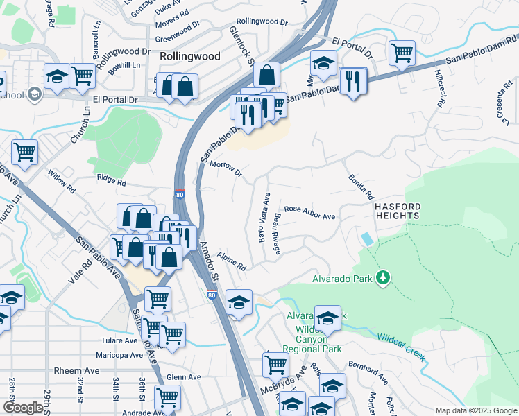 map of restaurants, bars, coffee shops, grocery stores, and more near 1707 Beau Rivage in San Pablo
