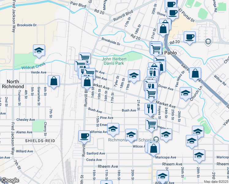 map of restaurants, bars, coffee shops, grocery stores, and more near 1731 Post Avenue in San Pablo