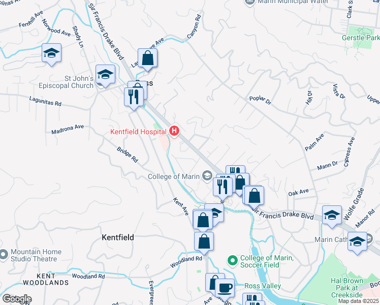 map of restaurants, bars, coffee shops, grocery stores, and more near 14 Locust Avenue in Kentfield