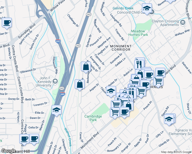 map of restaurants, bars, coffee shops, grocery stores, and more near 1200 Aspen Drive in Concord