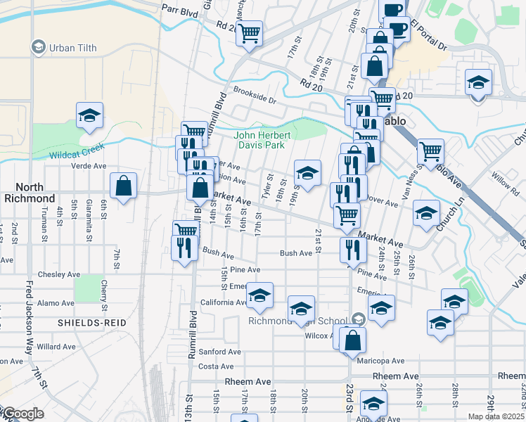 map of restaurants, bars, coffee shops, grocery stores, and more near 1700 Market Avenue in San Pablo