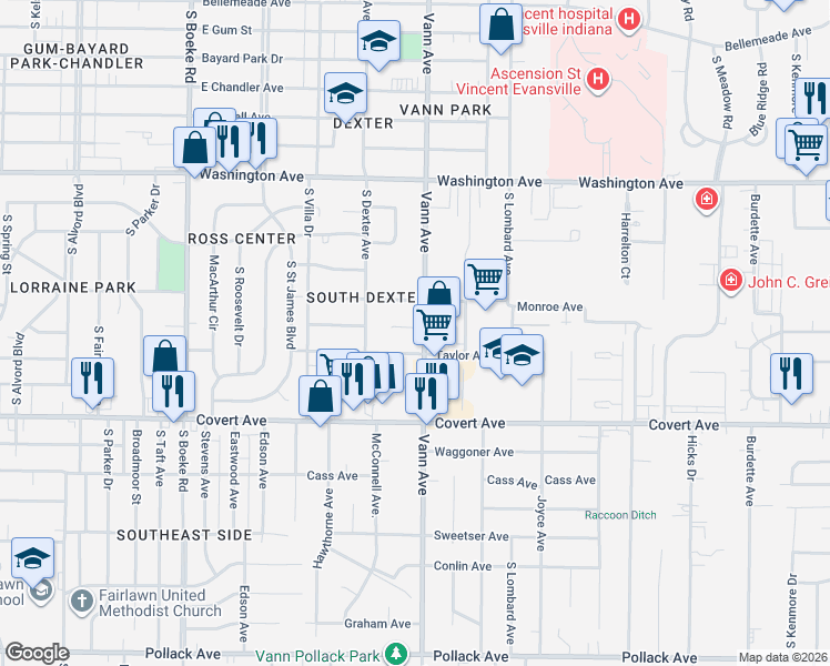 map of restaurants, bars, coffee shops, grocery stores, and more near 1411 Vann Avenue in Evansville
