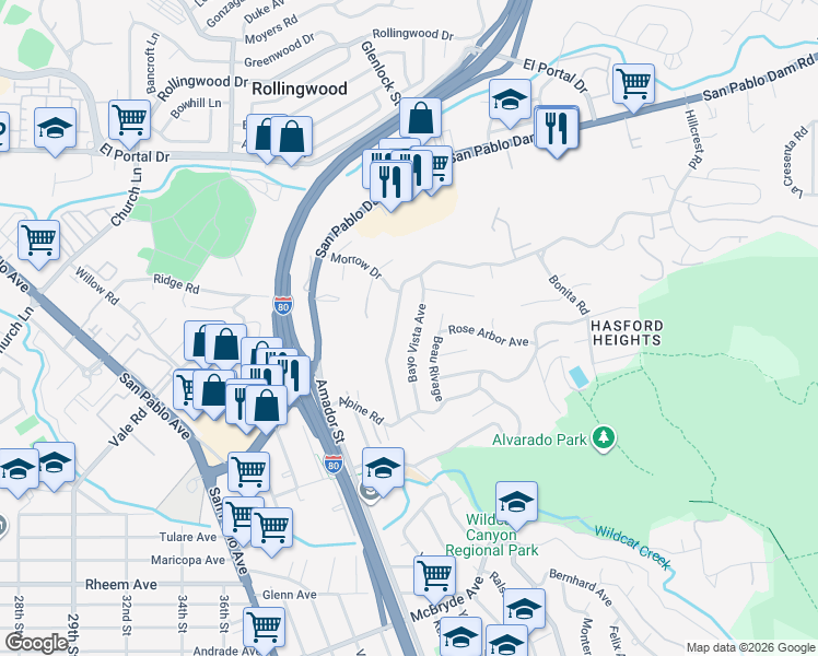 map of restaurants, bars, coffee shops, grocery stores, and more near 1707 Beau Rivage in San Pablo