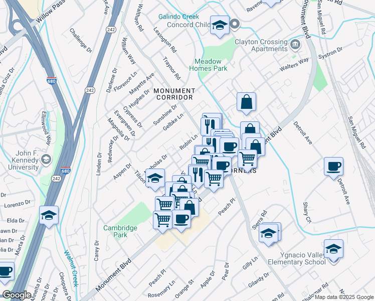 map of restaurants, bars, coffee shops, grocery stores, and more near 1844 Robin Lane in Concord