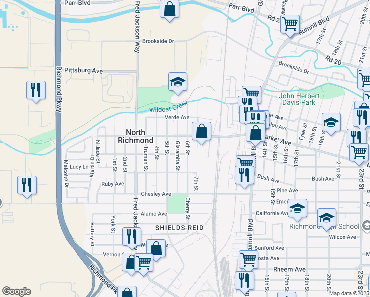 map of restaurants, bars, coffee shops, grocery stores, and more near 1701 6th Street in Richmond