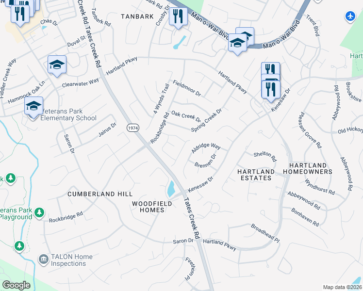 map of restaurants, bars, coffee shops, grocery stores, and more near 1181 Ashford Lane in Lexington